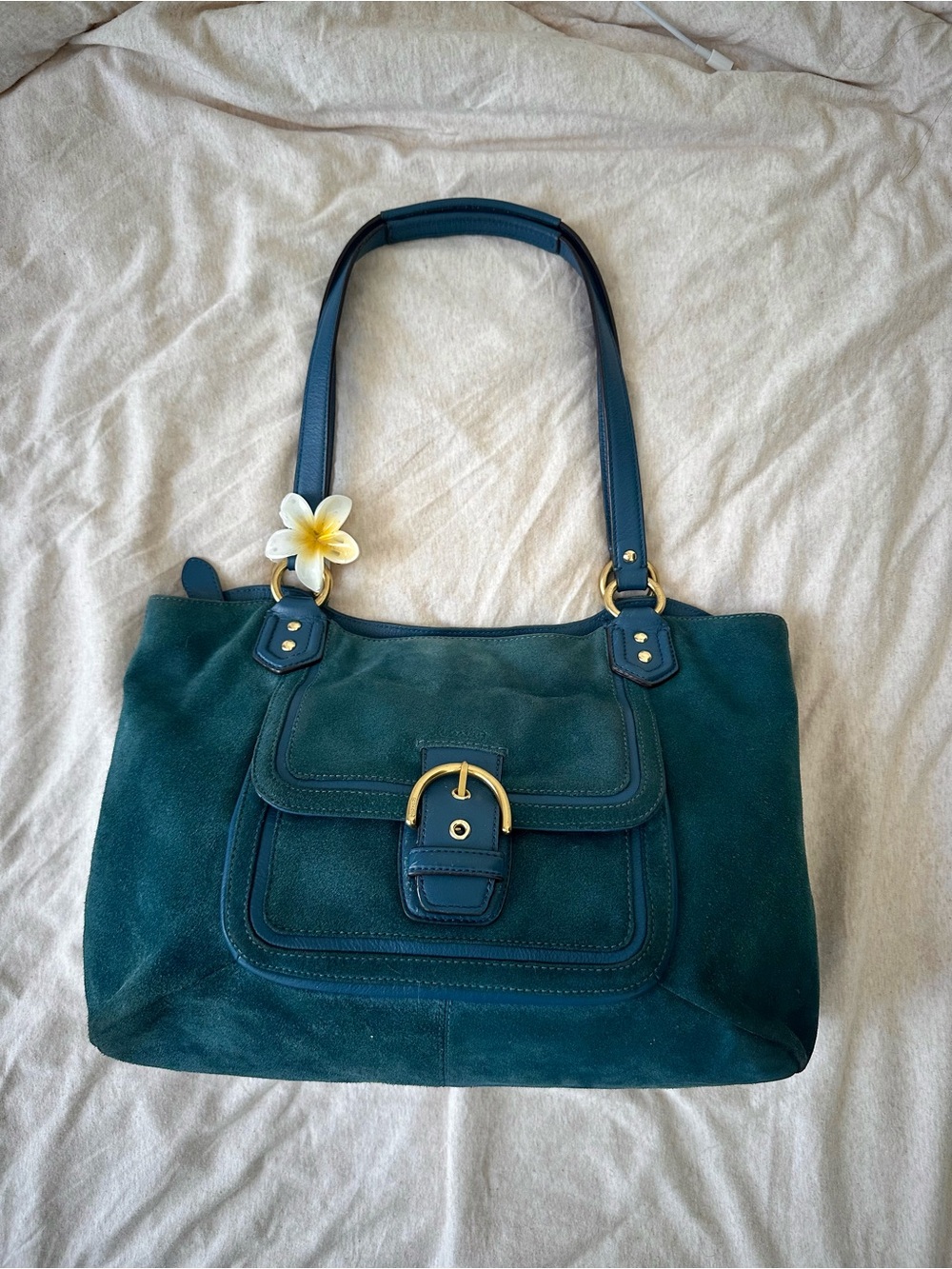 Vintage Coach Teal Suede Campbell Shoulder Bag with Gold Hardware